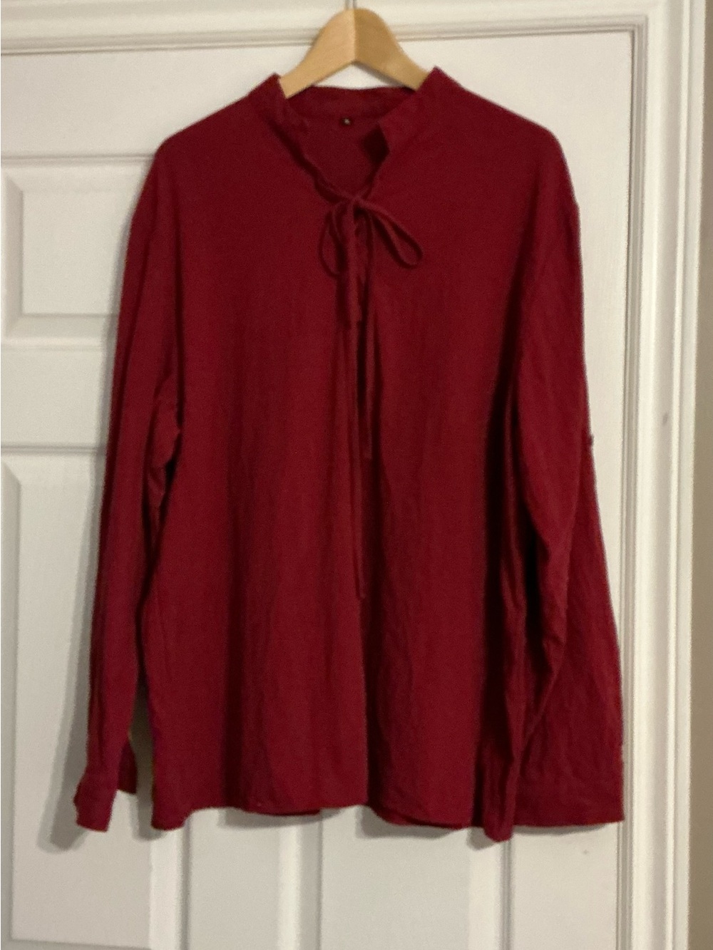 Tie-Neck Long Sleeve Poet’s Tunic Blouse in Burgundy